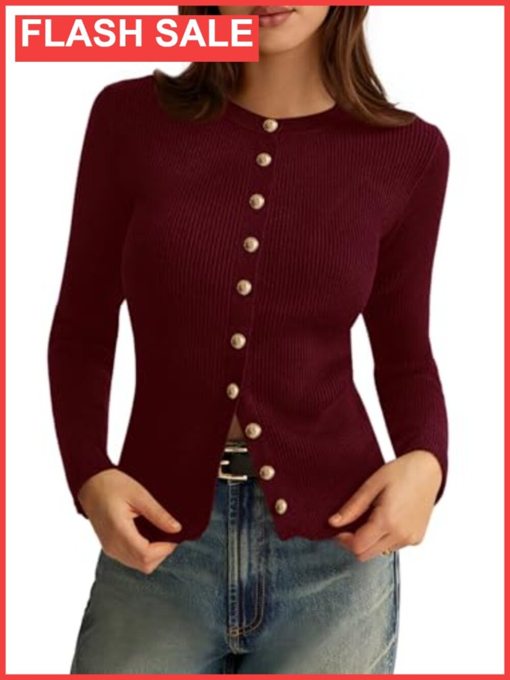 Lightweight Ribbed Knit Button Down Cardigan Sweater Crewneck Long Sleeve